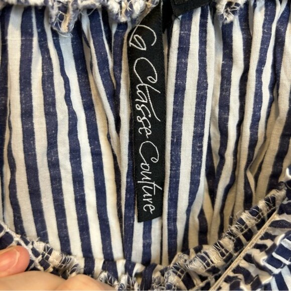 La Classe Couture Off the Shoulder Striped Cotton Embroidered Dress White Blue - Picture 3 of 5